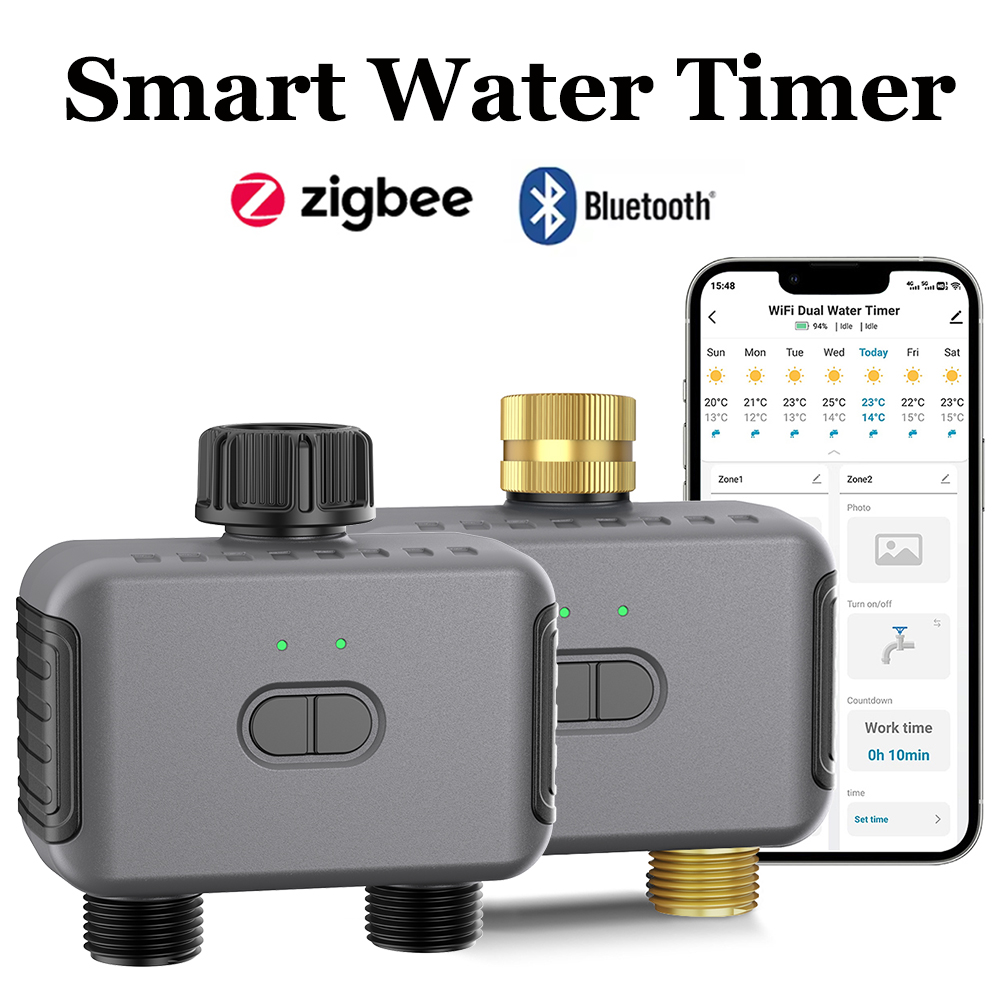 Tuya Smart - Tuya スマートウォータータイマー Zigbee/BT 自動灌漑コントローラー 2 出口スプリンクラー庭の散水システムサポート