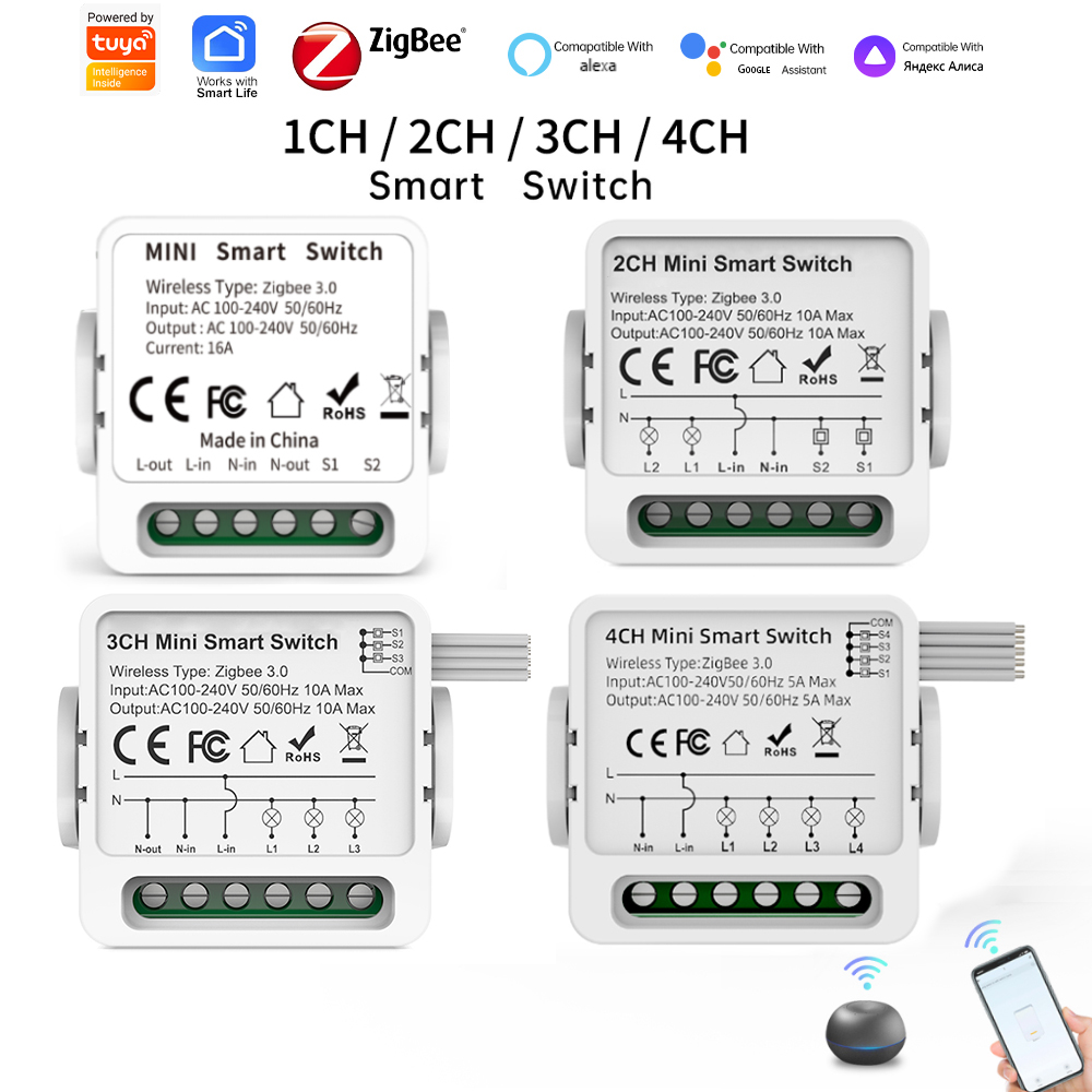 Tuya 4 Channel - Tuya Zigbee 3.0 スマートスイッチ 1/2/3/4ウェイ ミニスマートライトブレーカー